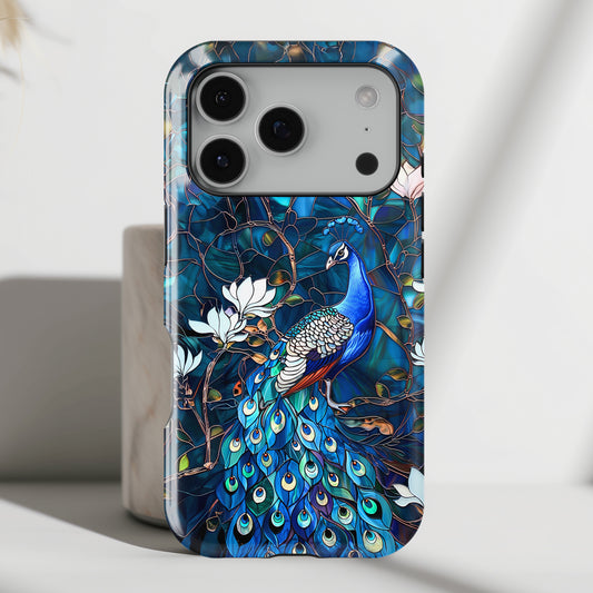 Peacock in Magnolia Tree Stained Glass Design iPhone Case