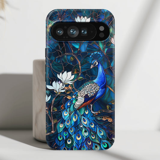 Peacock in Magnolia Tree Stained Glass Design Phone Case for Google Pixel