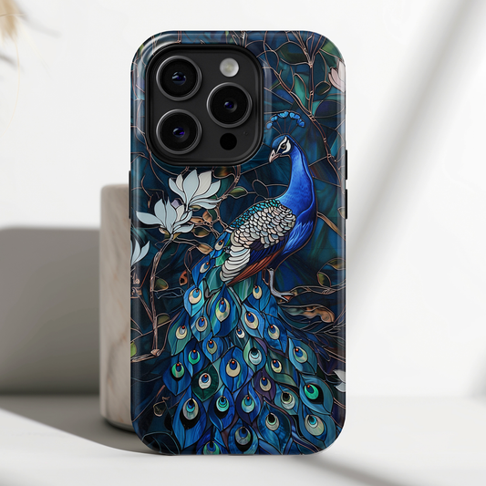 Peacock in Magnolia Tree Stained Glass Design iPhone Case