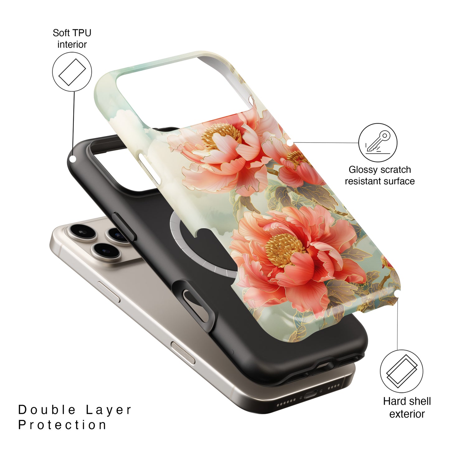 Peony Flowers Japanese Art Design iPhone Case