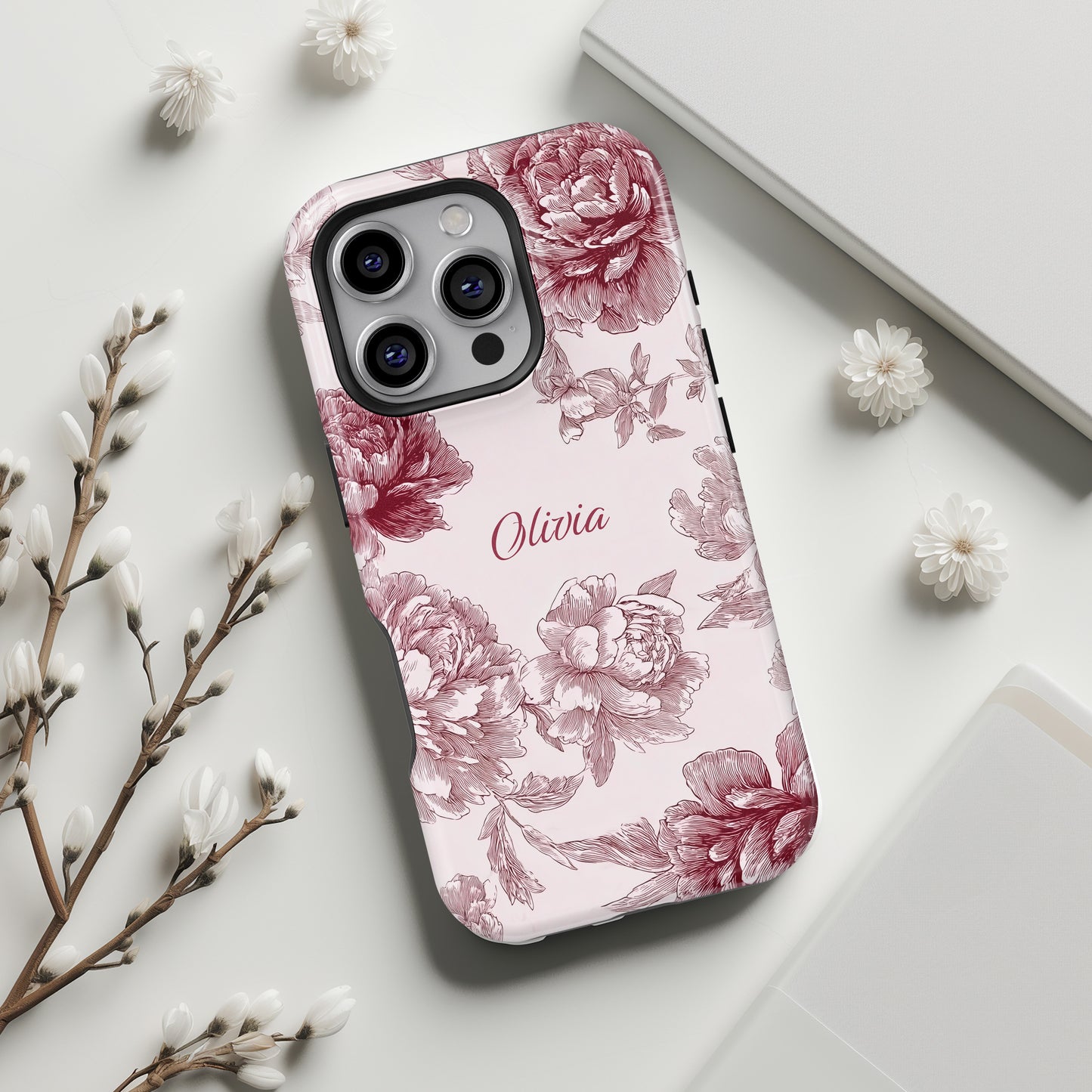 Personalisable Pink Toile Floral Design iPhone Case