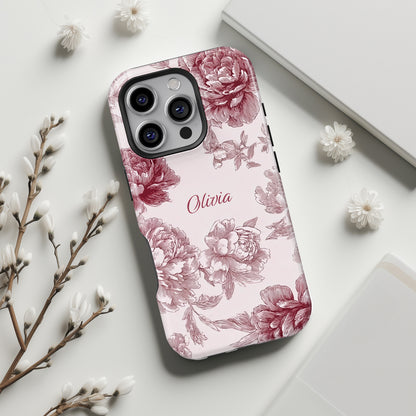 Personalisable Pink Toile Floral Design iPhone Case