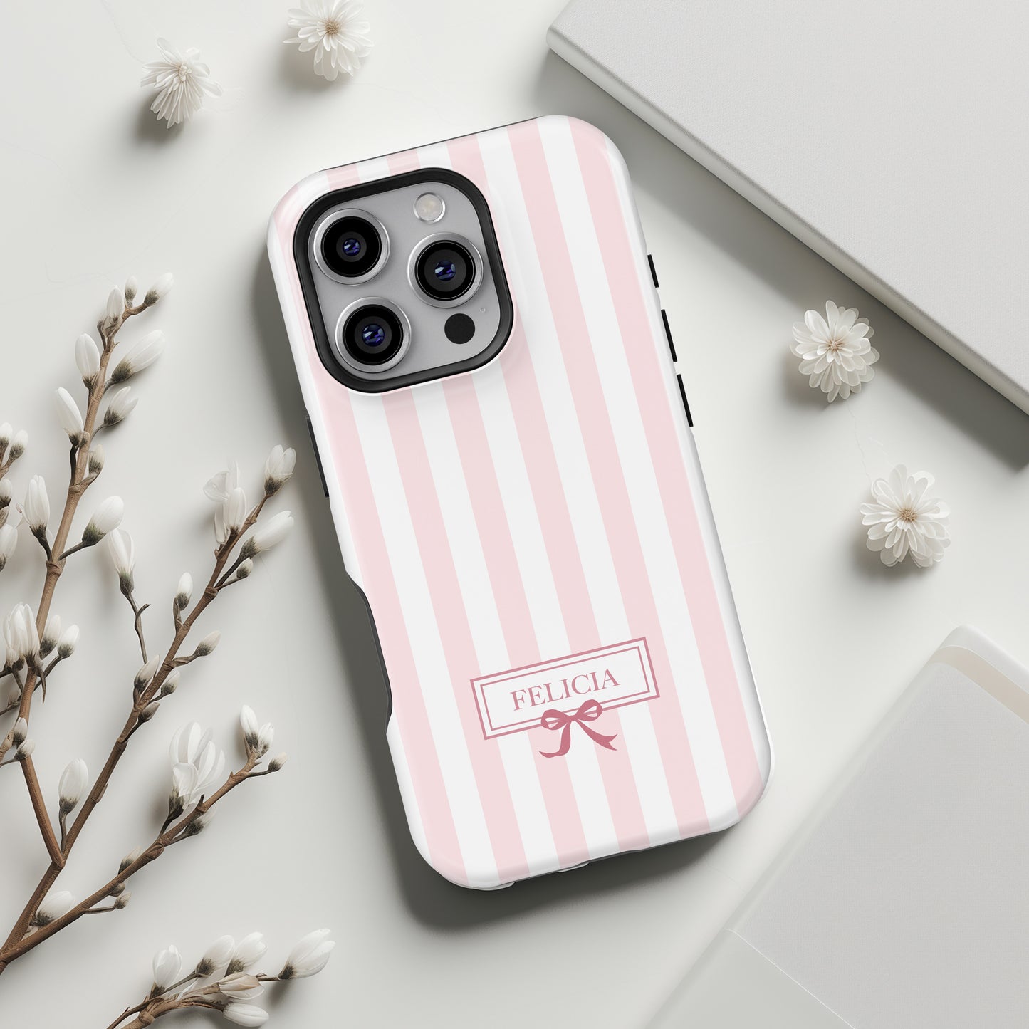 Personalisable Striped Design (Baby Pink) iPhone Case