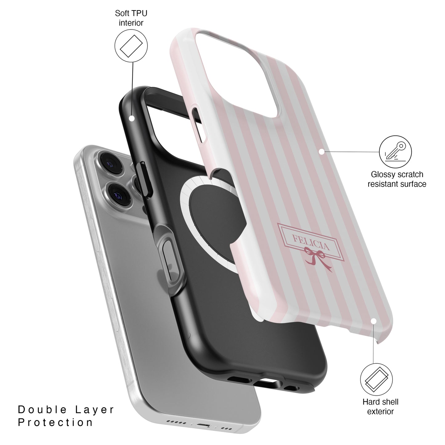 Personalisable Striped Design (Baby Pink) iPhone Case