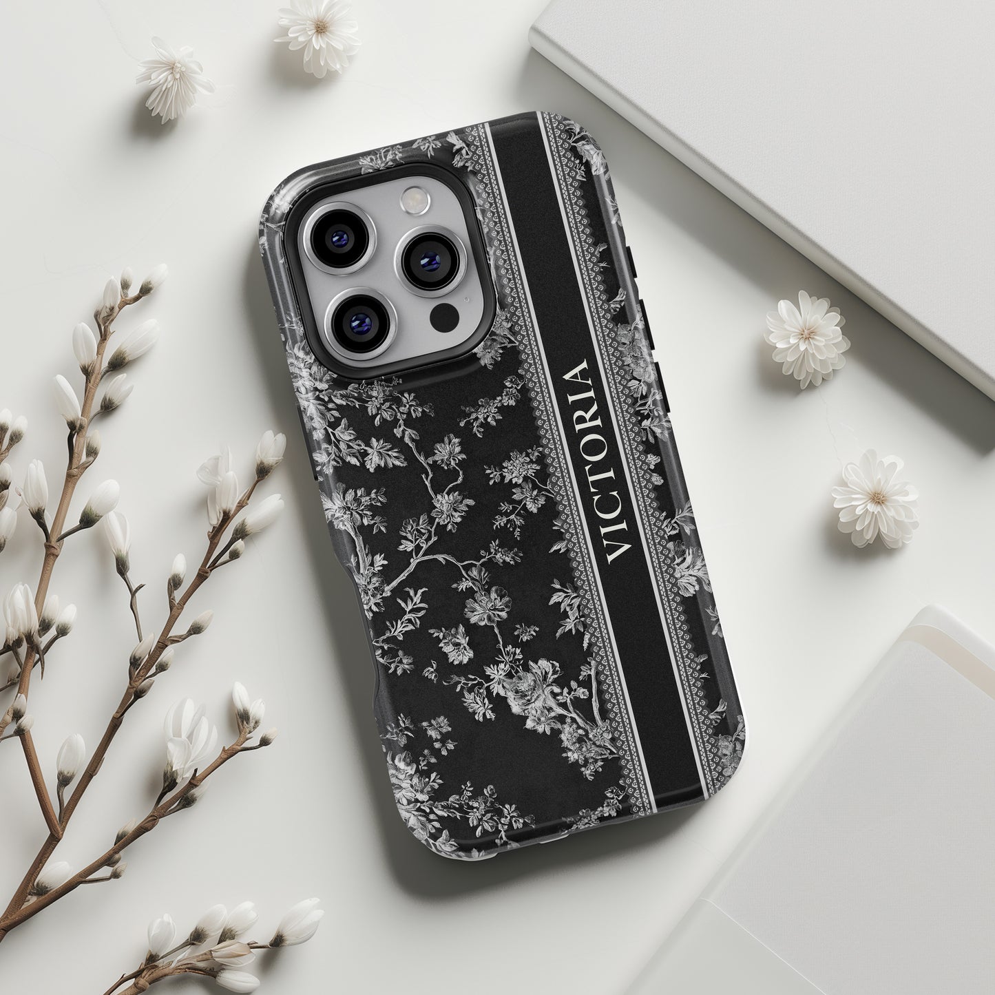 Personalisable Vintage Toile de Jouy Design (Black Edition) iPhone Case