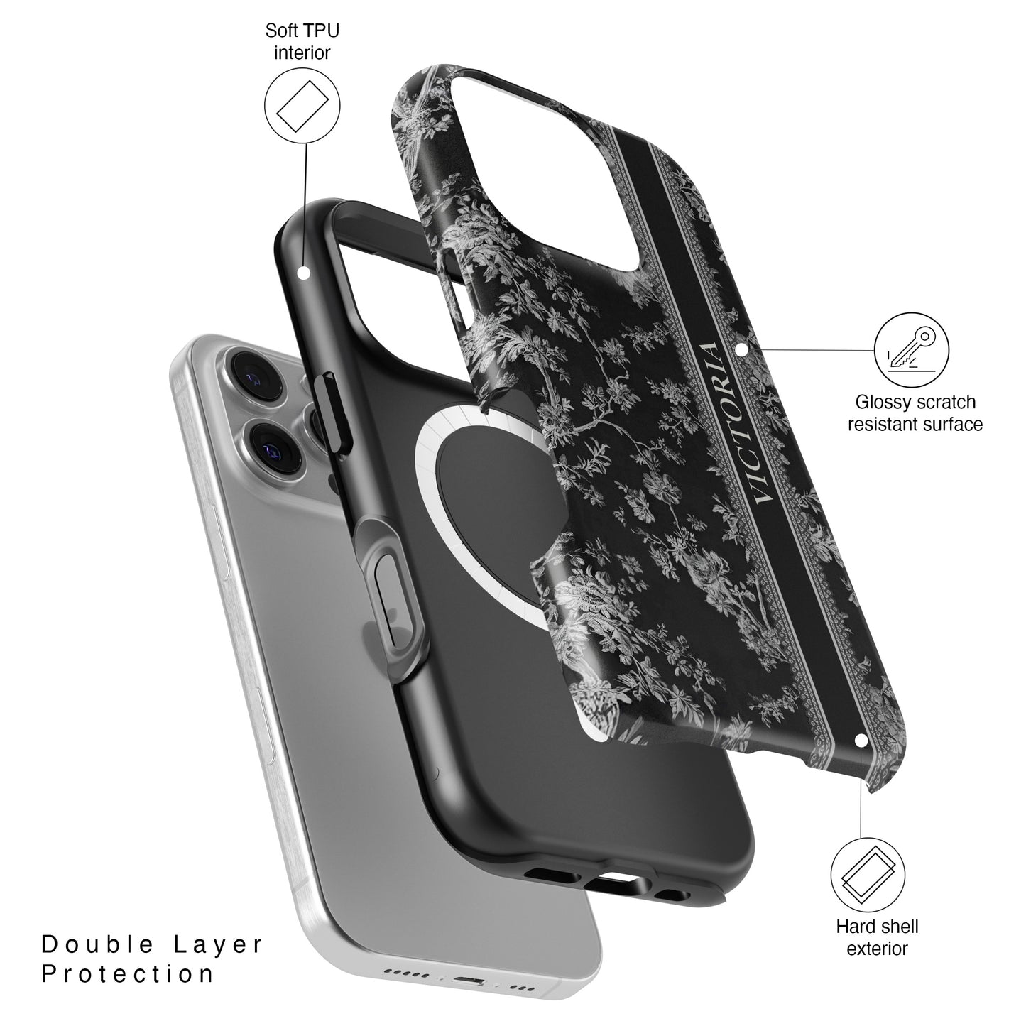 Personalisable Vintage Toile de Jouy Design (Black Edition) iPhone Case