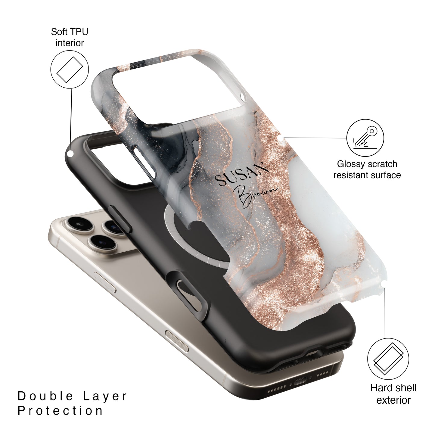 Personalisable Luxury RoseGold Marble Design iPhone Case