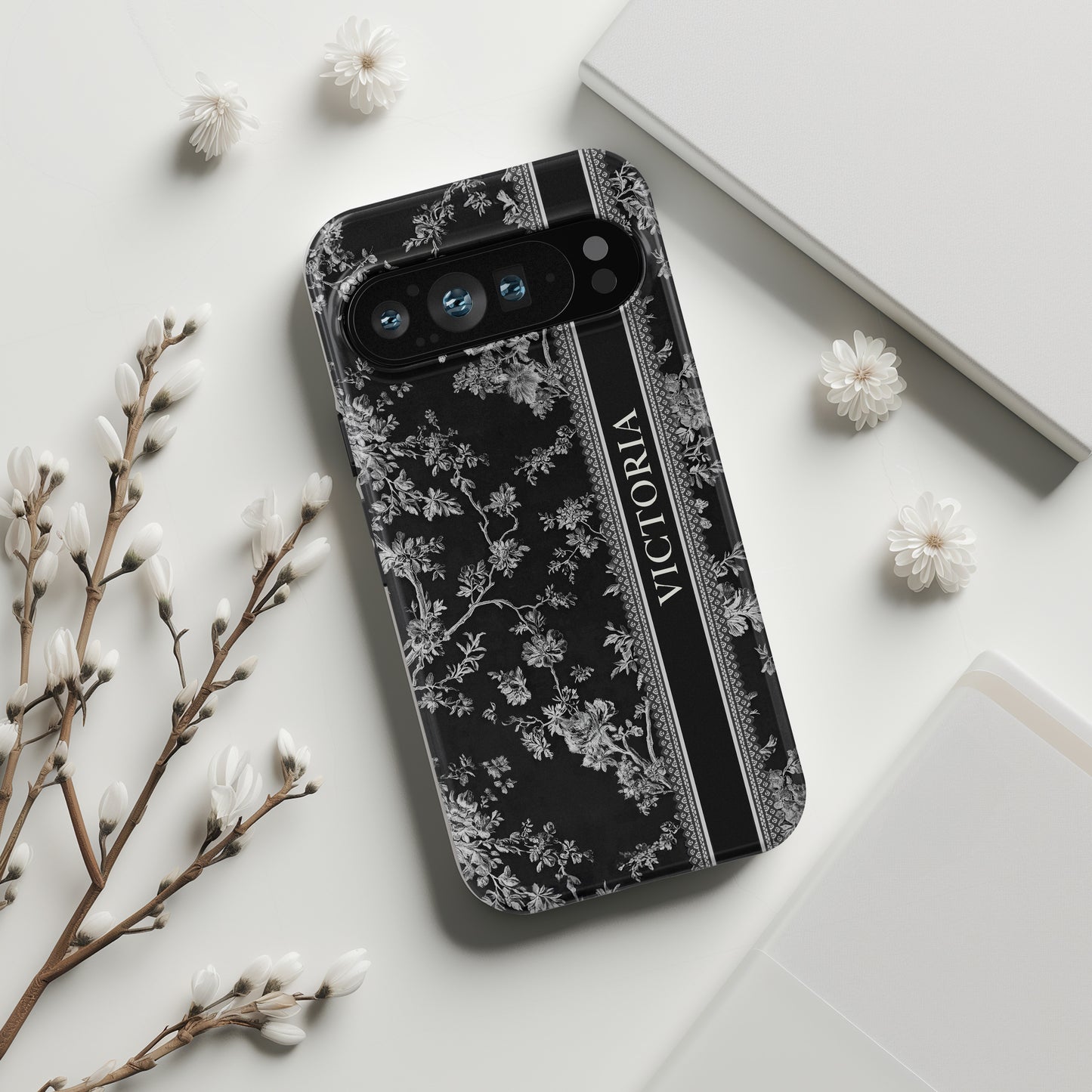 Personalisable Vintage Toile de Jouy Design (Black Edition) Phone Case for Google Pixel