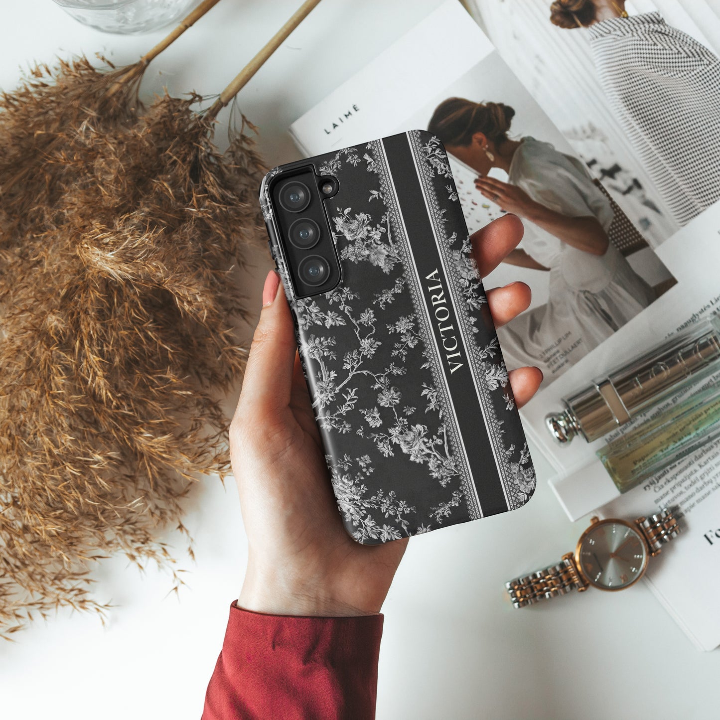 Personalisable Vintage Toile de Jouy Design (Black Edition) Phone Case for Galaxy S series Phones