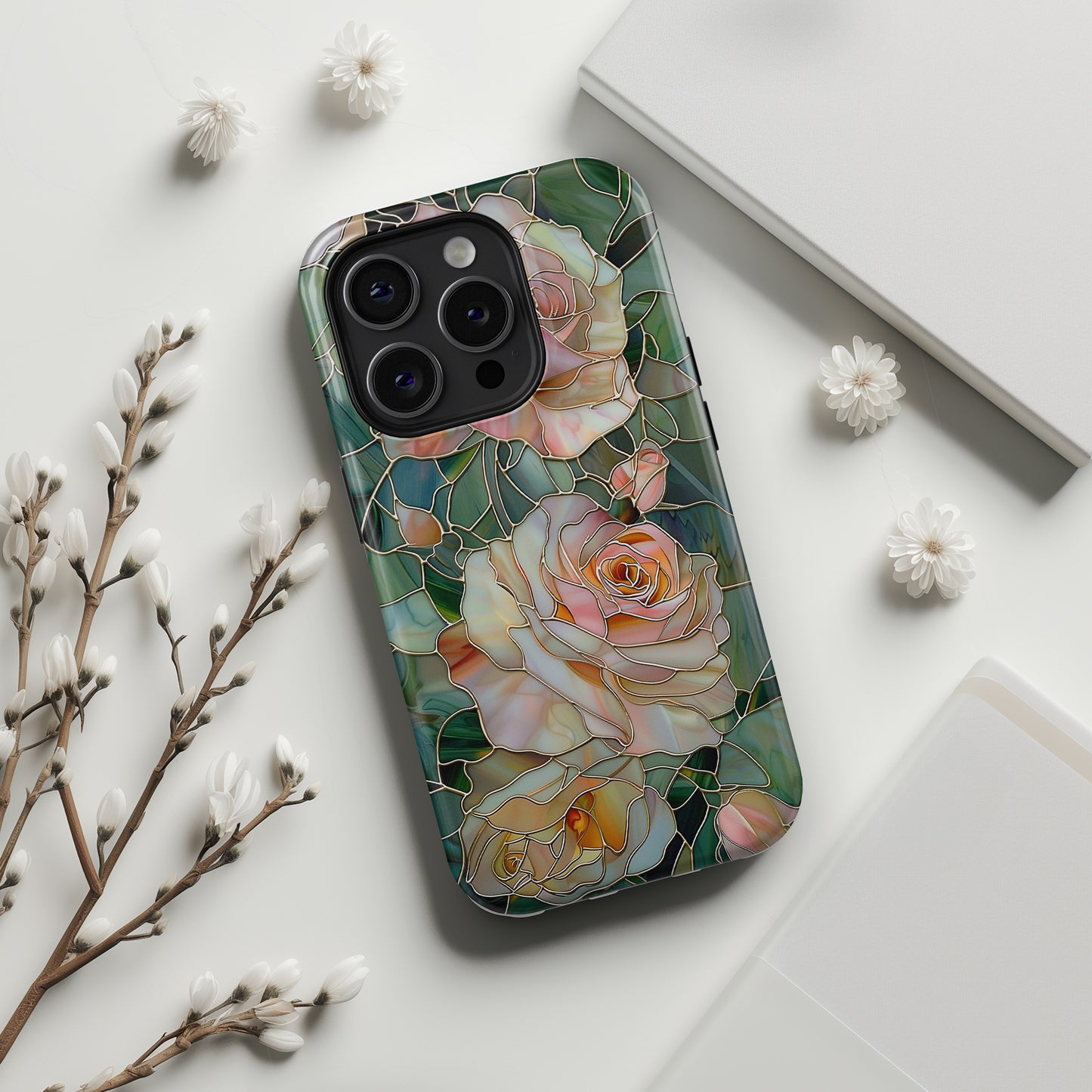 Pink Roses Stained Glass Design Design iPhone Case