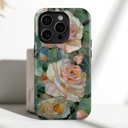 Pink Roses Stained Glass Design Design iPhone Case