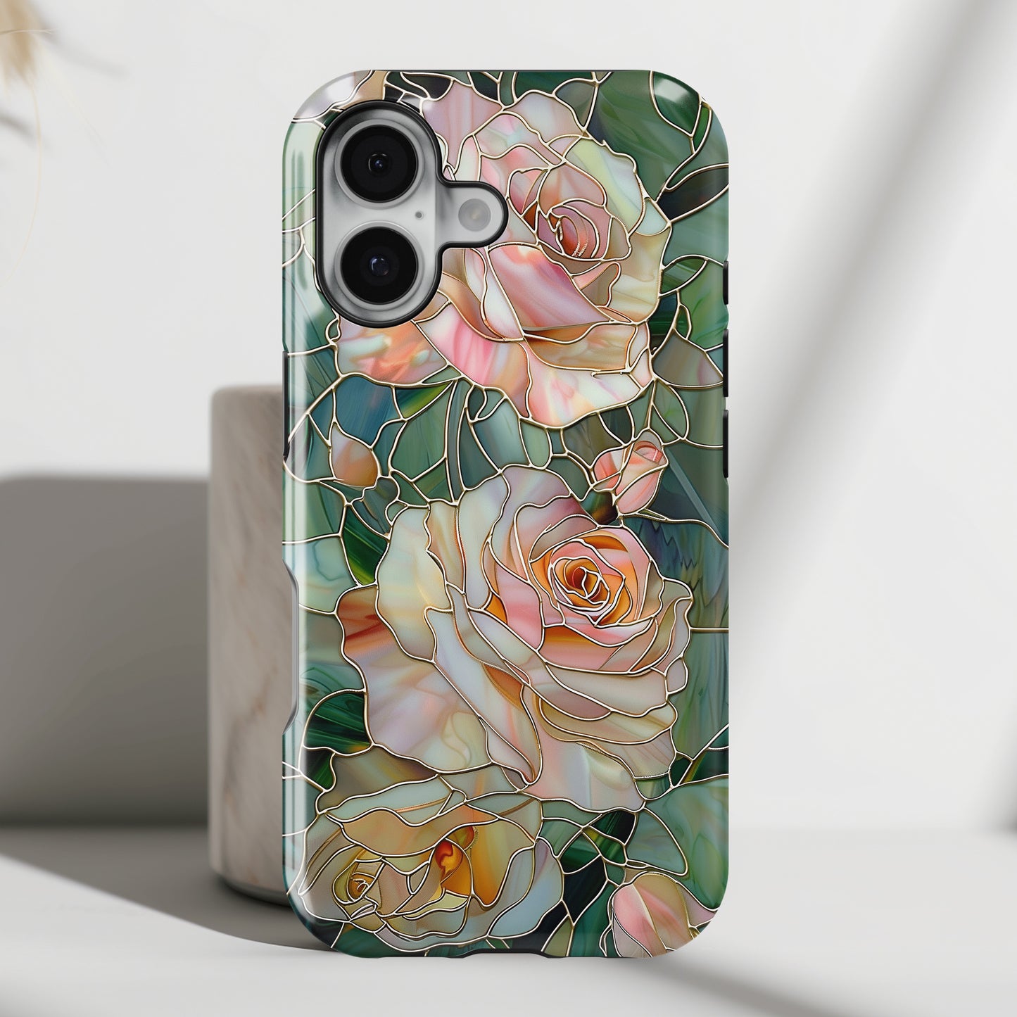Pink Roses Stained Glass Design Design iPhone Case