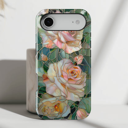 Pink Roses Stained Glass Design Design iPhone Case