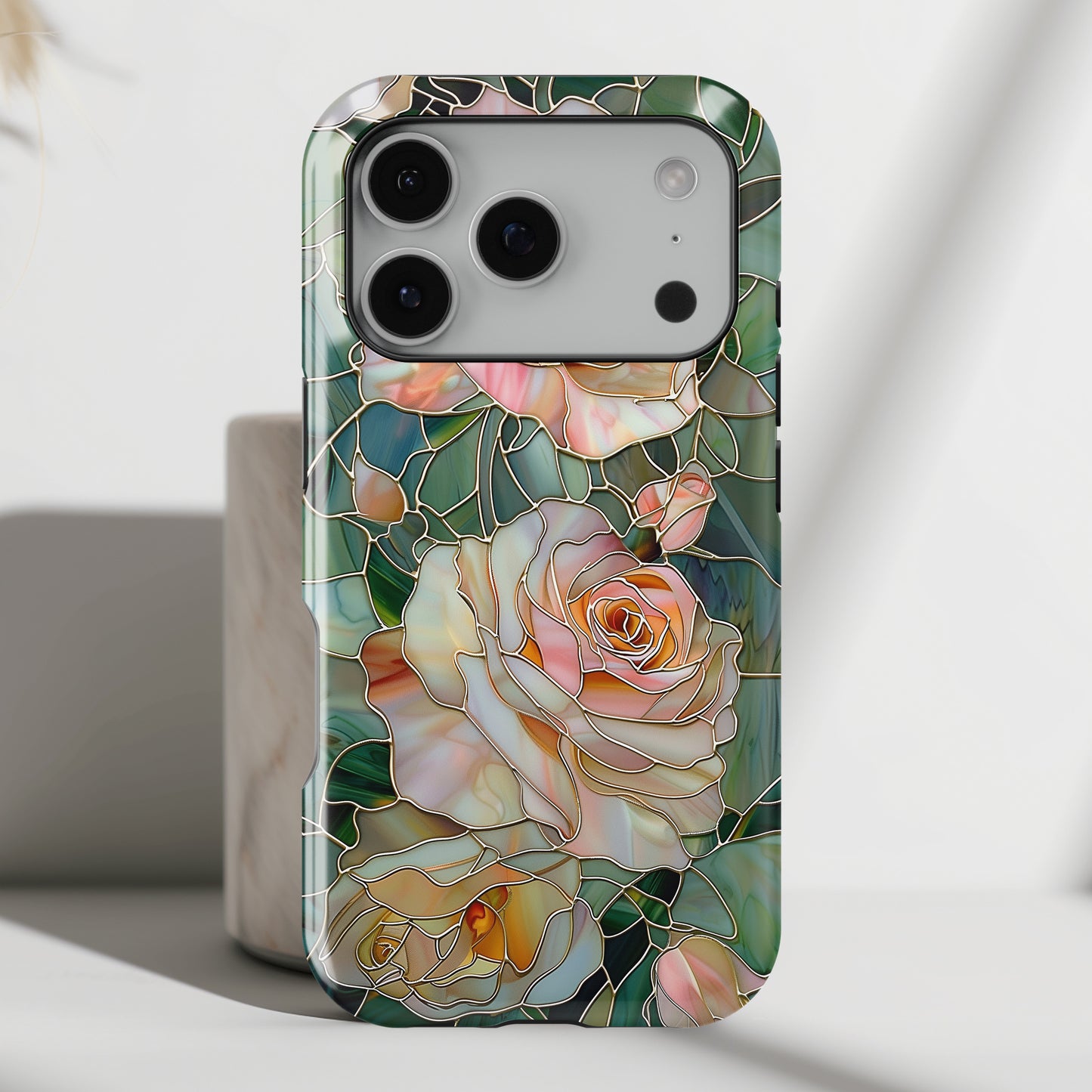 Pink Roses Stained Glass Design Design iPhone Case