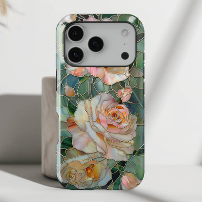Pink Roses Stained Glass Design Design iPhone Case