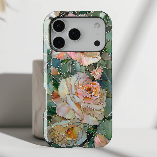 Pink Roses Stained Glass Design Design iPhone Case