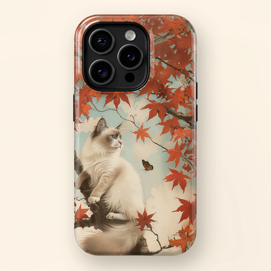 Retro Ragdoll Cat on Maple Tree Design iPhone Case