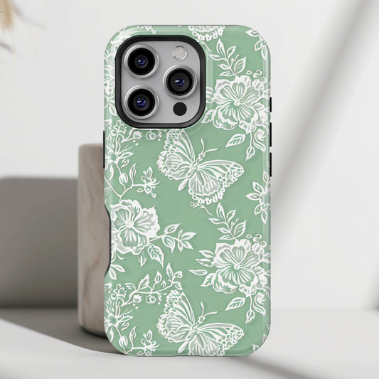 Retro Green Butterfly Lace Design iPhone Case