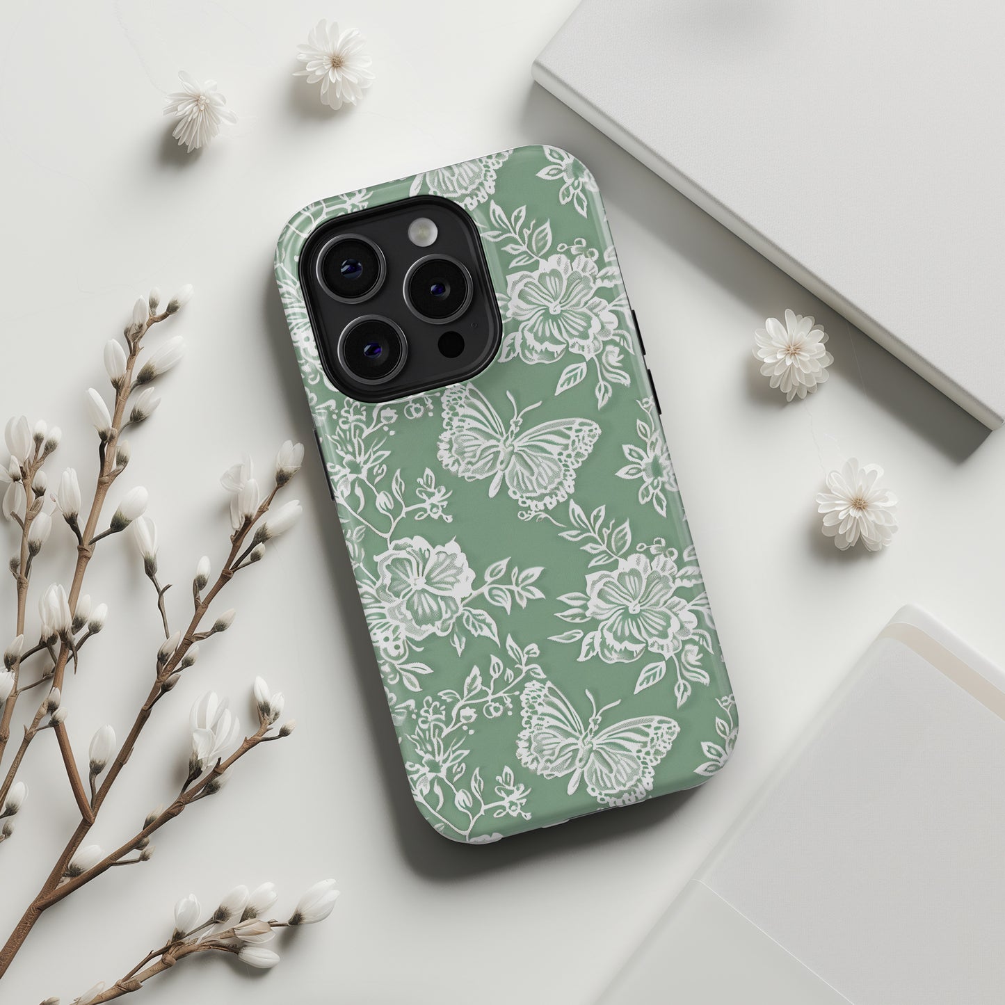 Retro Green Butterfly Lace Design iPhone Case