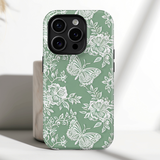 Retro Green Butterfly Lace Design iPhone Case