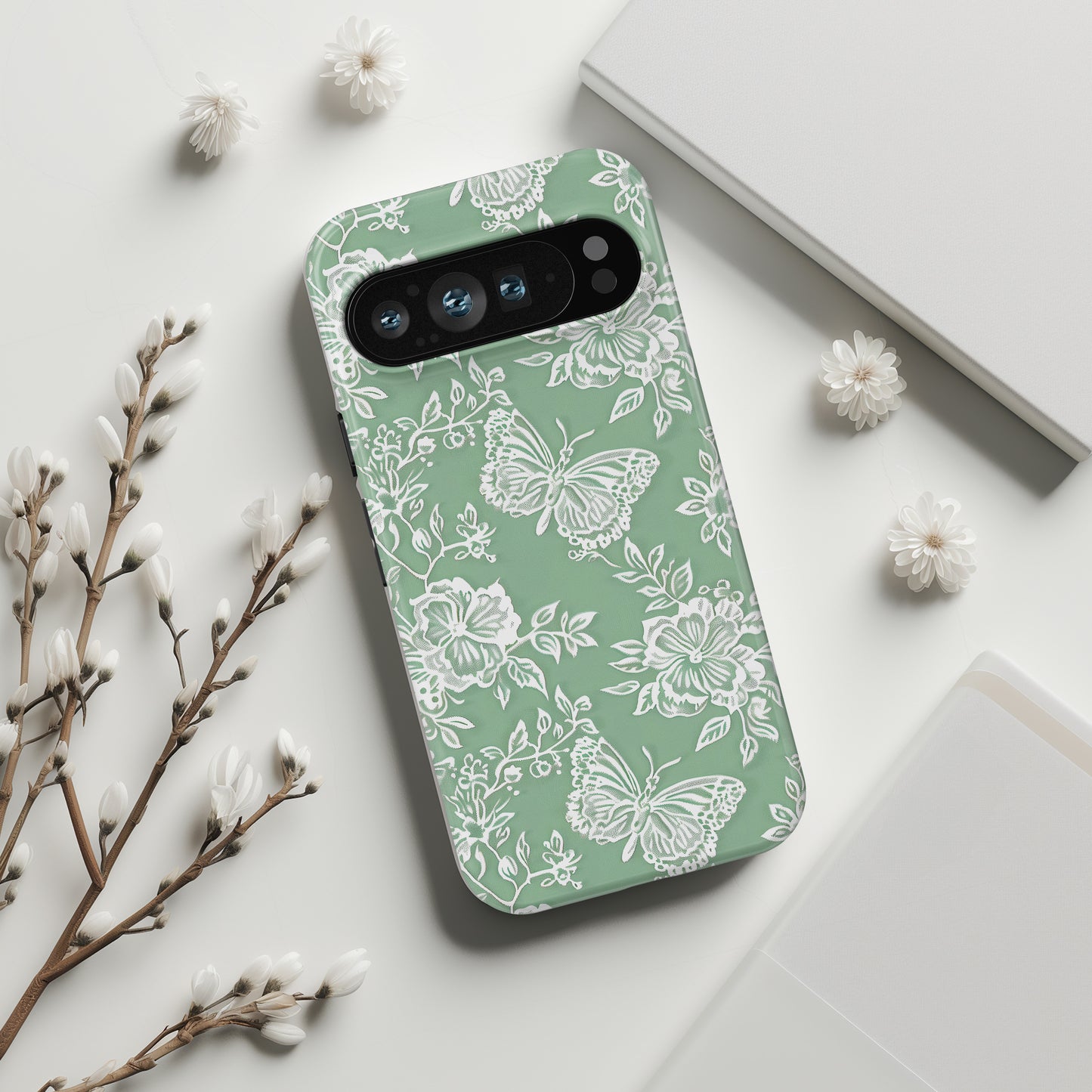 Retro Green Butterfly Lace Design Phone Case for Google Pixel