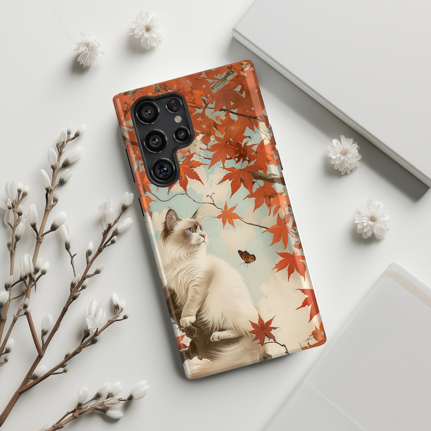 Retro Ragdoll Cat on Maple Tree Design Case for Galaxy S series Phones