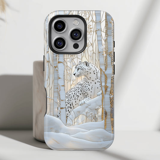 Snow Leopard in Winter Forest Design 1 iPhone Case