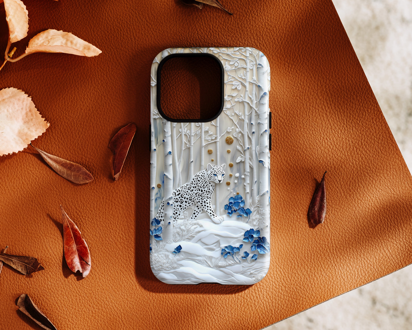 Snow Leopard in Winter Forest Design 2 iPhone Case