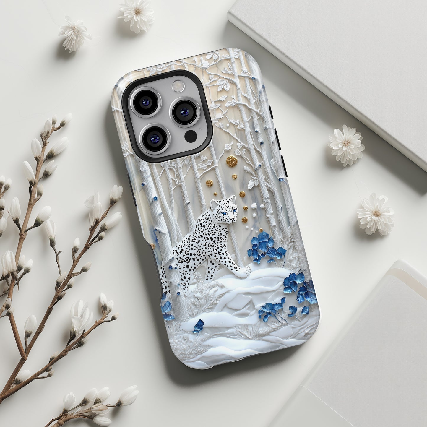 Snow Leopard in Winter Forest Design 2 iPhone Case