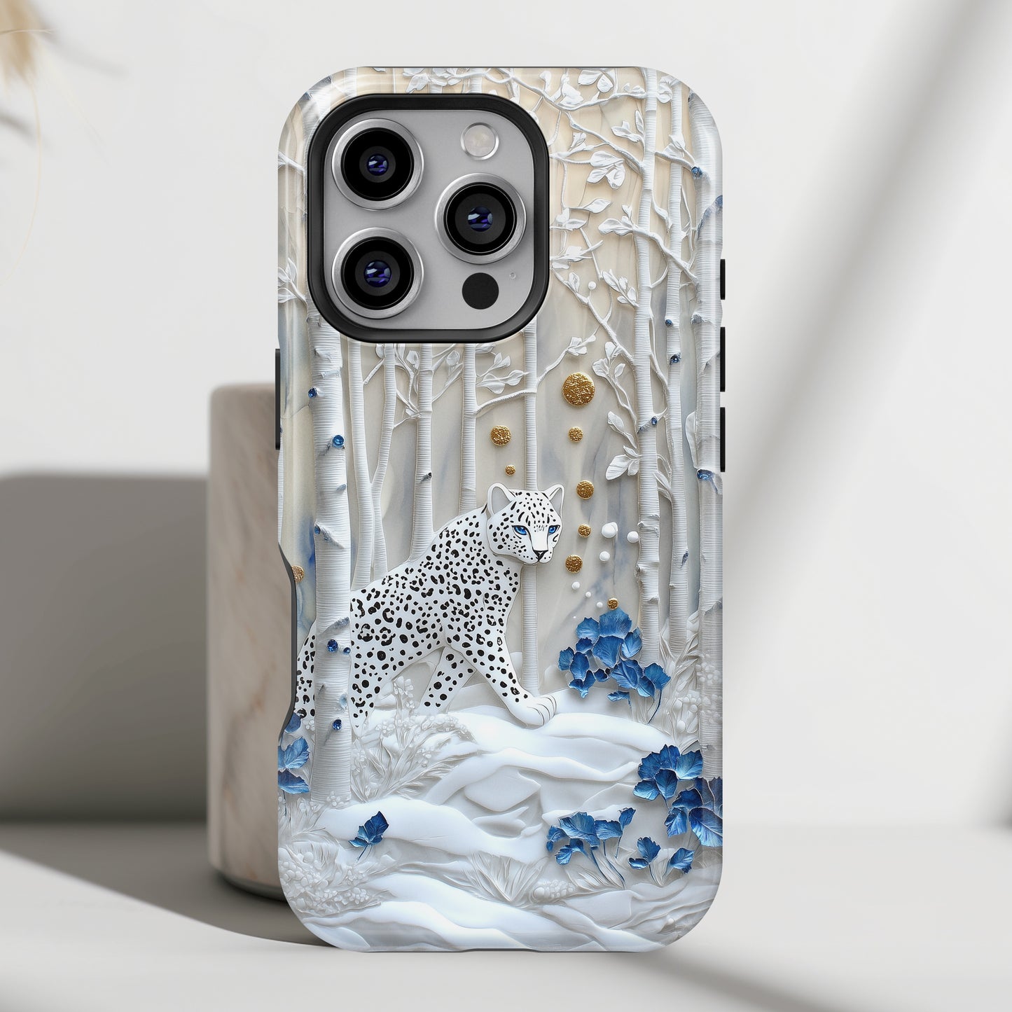 Snow Leopard in Winter Forest Design 2 iPhone Case