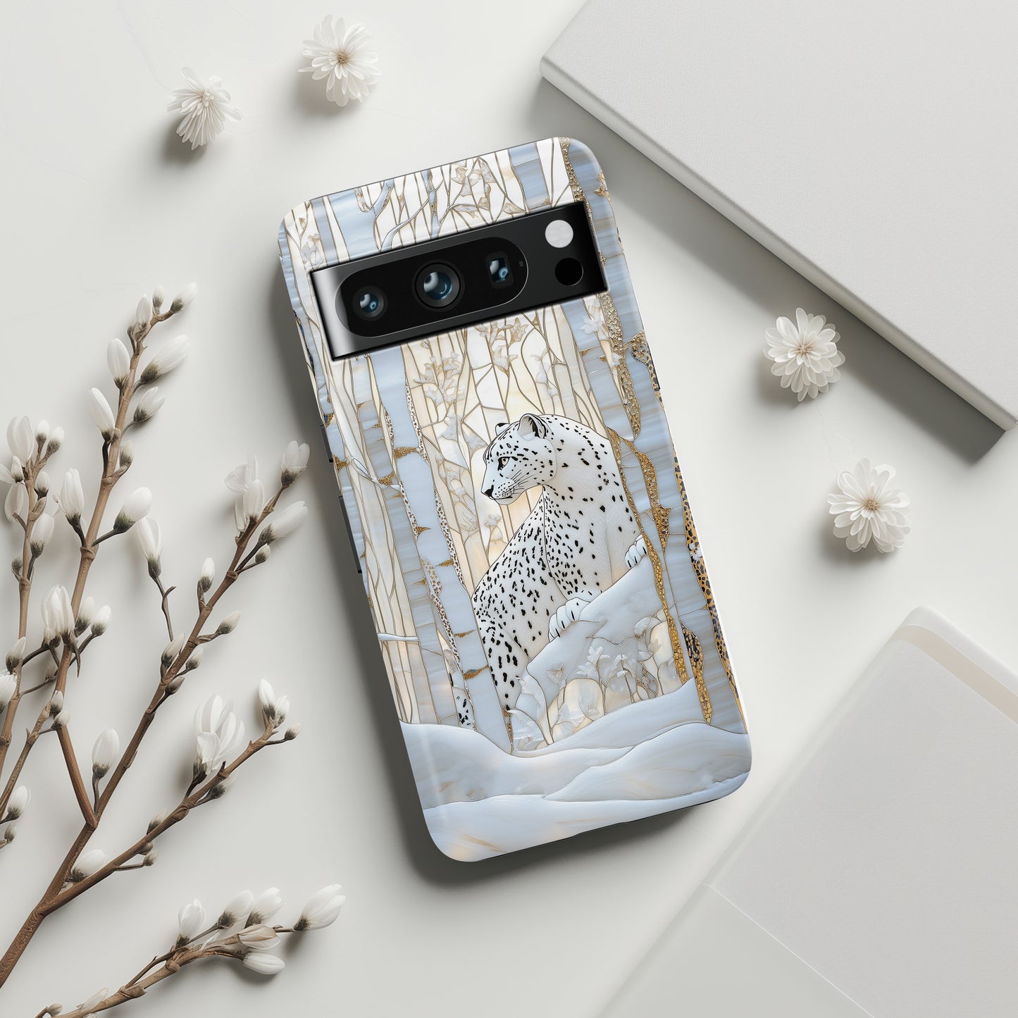 Snow Leopard in Winter Forest Design 1 Google Pixel Phone Case