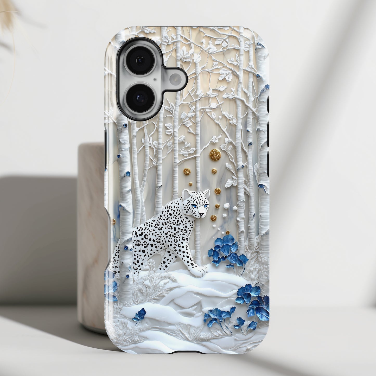 Snow Leopard in Winter Forest Design 2 iPhone Case