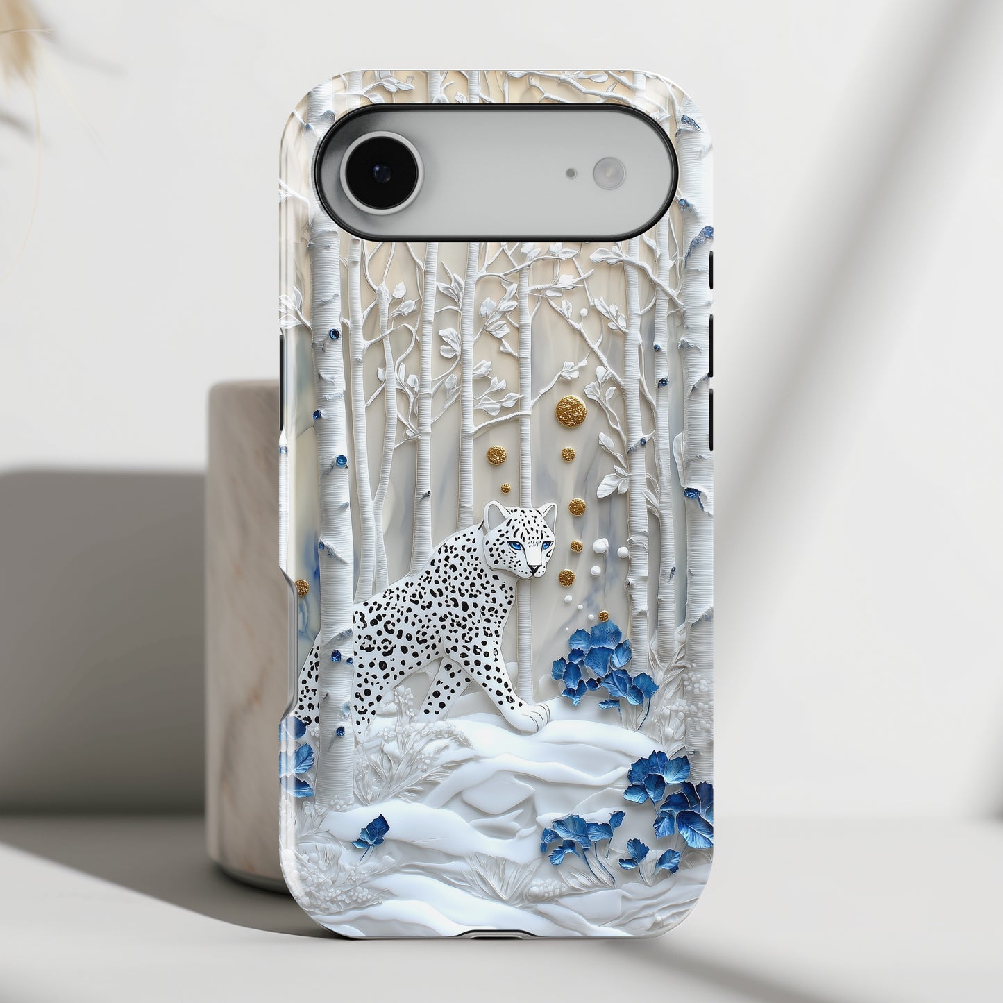 Snow Leopard in Winter Forest Design 2 iPhone Case