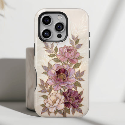 The Cloisonné Peony – Faux Stained Glass & Pearl Design iPhone Case