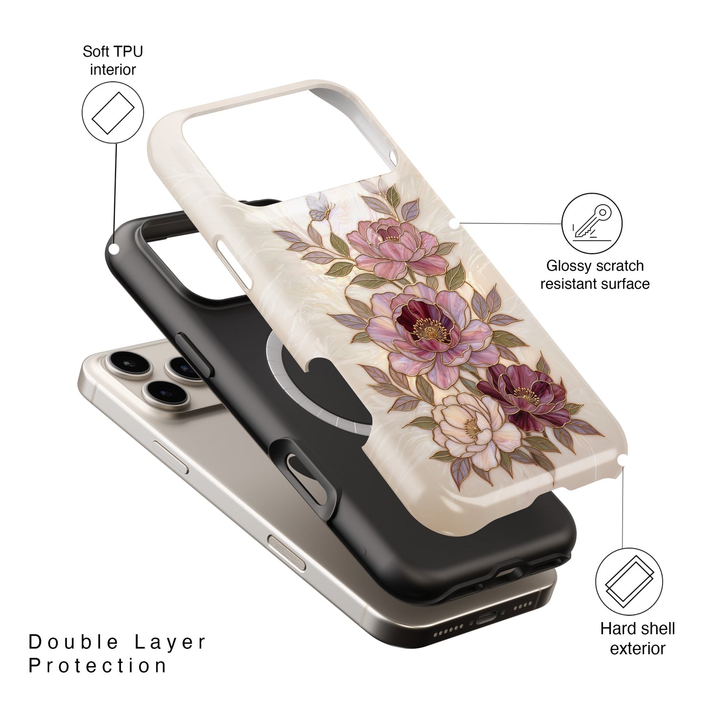 The Cloisonné Peony – Faux Stained Glass & Pearl Design iPhone Case