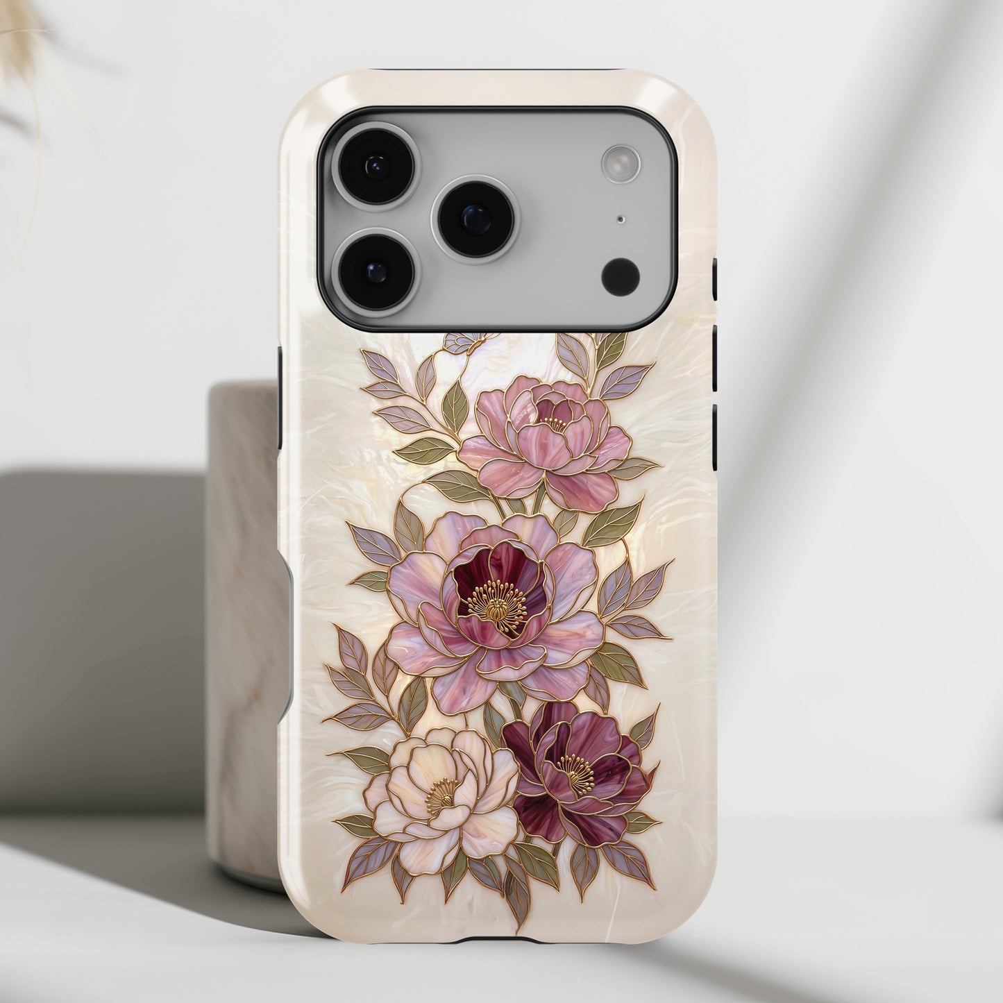 The Cloisonné Peony – Faux Stained Glass & Pearl Design iPhone Case