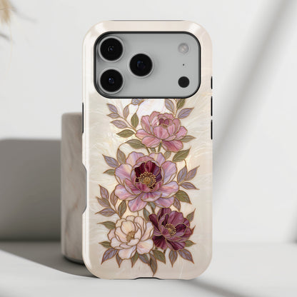 The Cloisonné Peony – Faux Stained Glass & Pearl Design iPhone Case