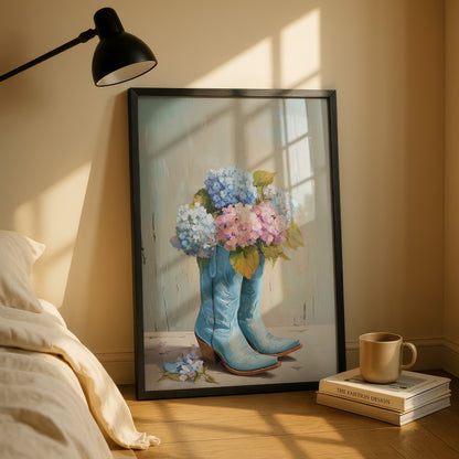 The Country Coquette – Impasto Boot & Hydrangea Design Wall Art