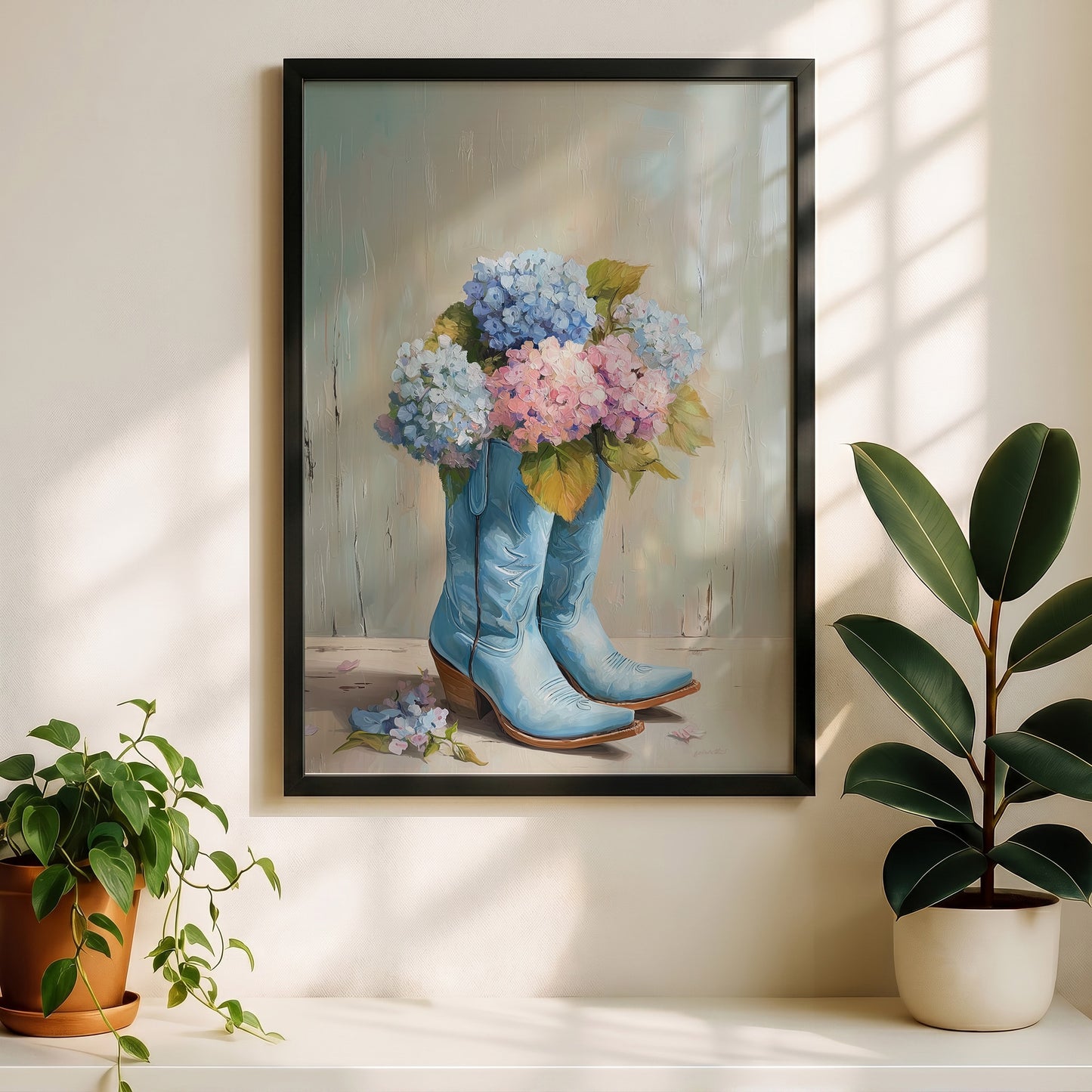 The Country Coquette – Impasto Boot & Hydrangea Design Wall Art