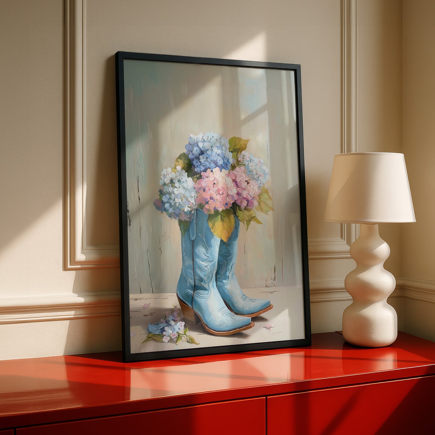 The Country Coquette – Impasto Boot & Hydrangea Design Wall Art