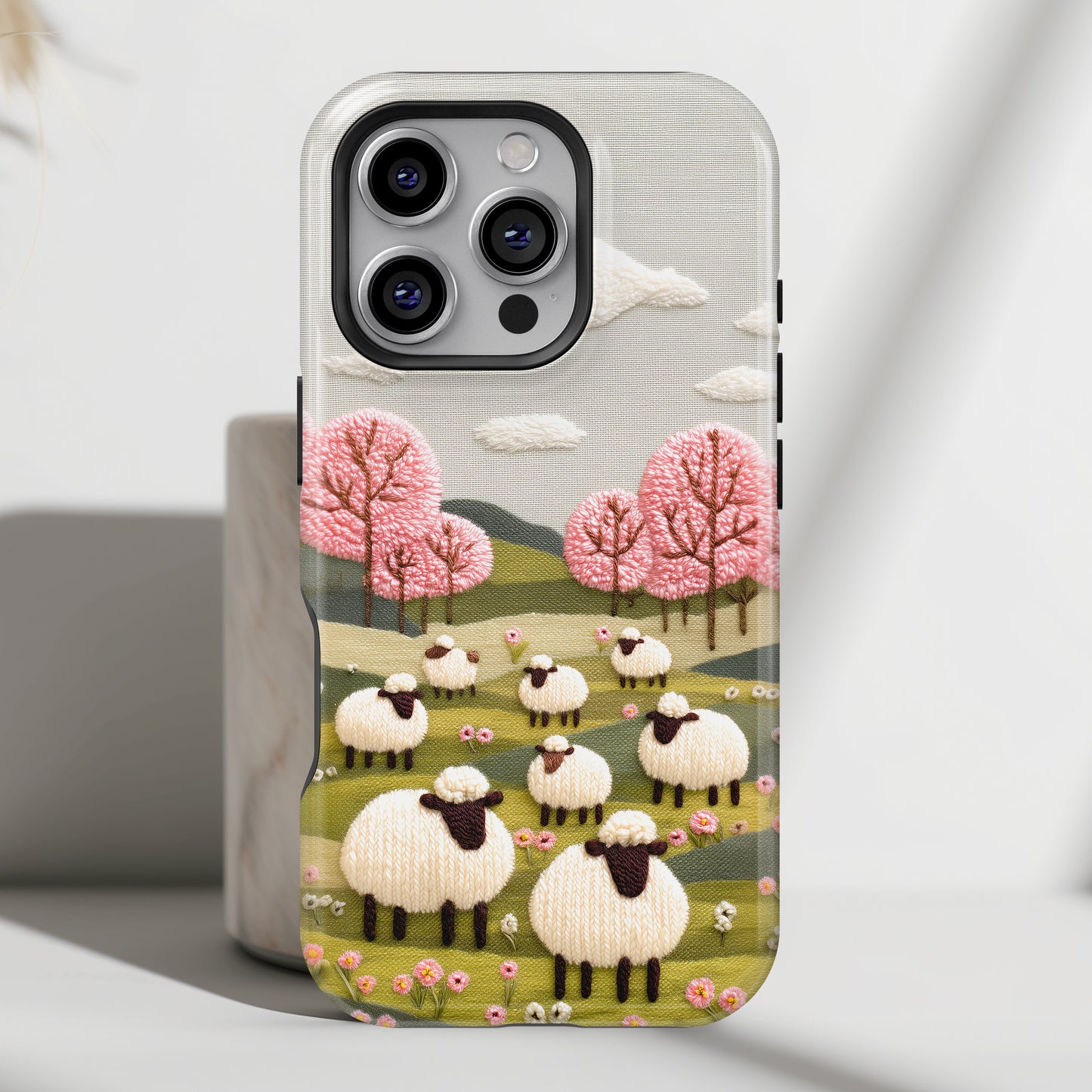 The Embroidered Meadow – Faux Needlepoint Design iPhone Case
