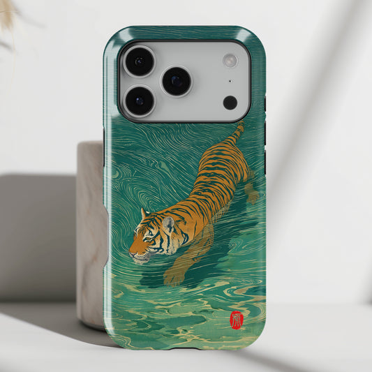 The Emerald Swirl – Ukiyo-e Tiger Design iPhone Case