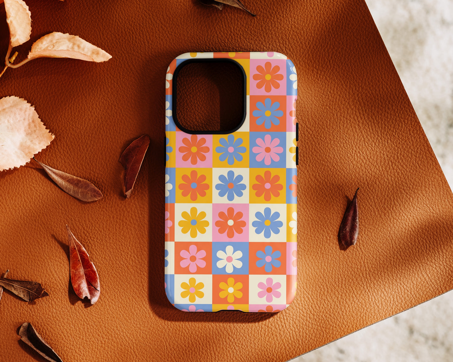 The Groovy Garden – Retro Floral Checkerboard Design iPhone Case