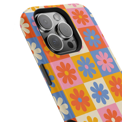 The Groovy Garden – Retro Floral Checkerboard Design iPhone Case