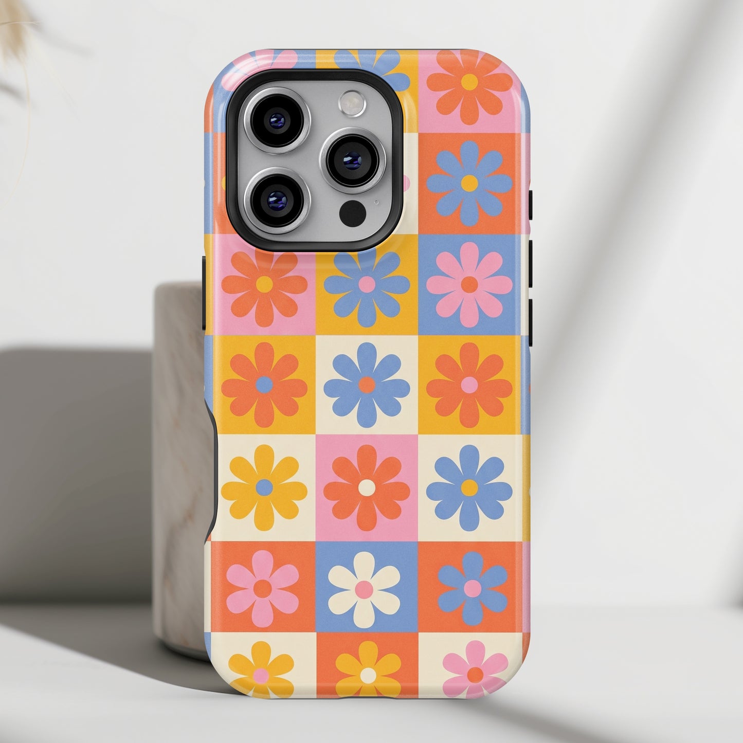 The Groovy Garden – Retro Floral Checkerboard Design iPhone Case