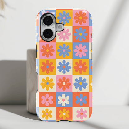 The Groovy Garden – Retro Floral Checkerboard Design iPhone Case