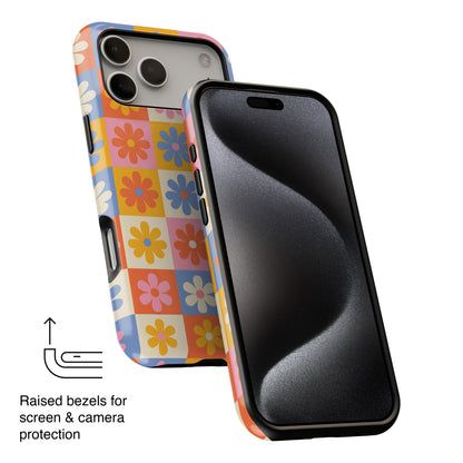 The Groovy Garden – Retro Floral Checkerboard Design iPhone Case