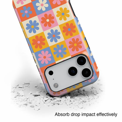 The Groovy Garden – Retro Floral Checkerboard Design iPhone Case
