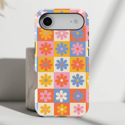 The Groovy Garden – Retro Floral Checkerboard Design iPhone Case