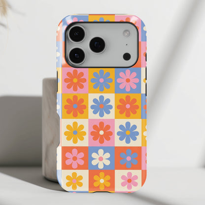 The Groovy Garden – Retro Floral Checkerboard Design iPhone Case